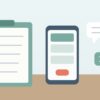 登録用紙を挟んだクリップボードとスマートフォン、吹き出しのイラスト