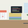 カレンダーとファイルが置かれたオフィスの机のイラスト