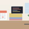 カレンダーとファイルが置かれた机のイラスト