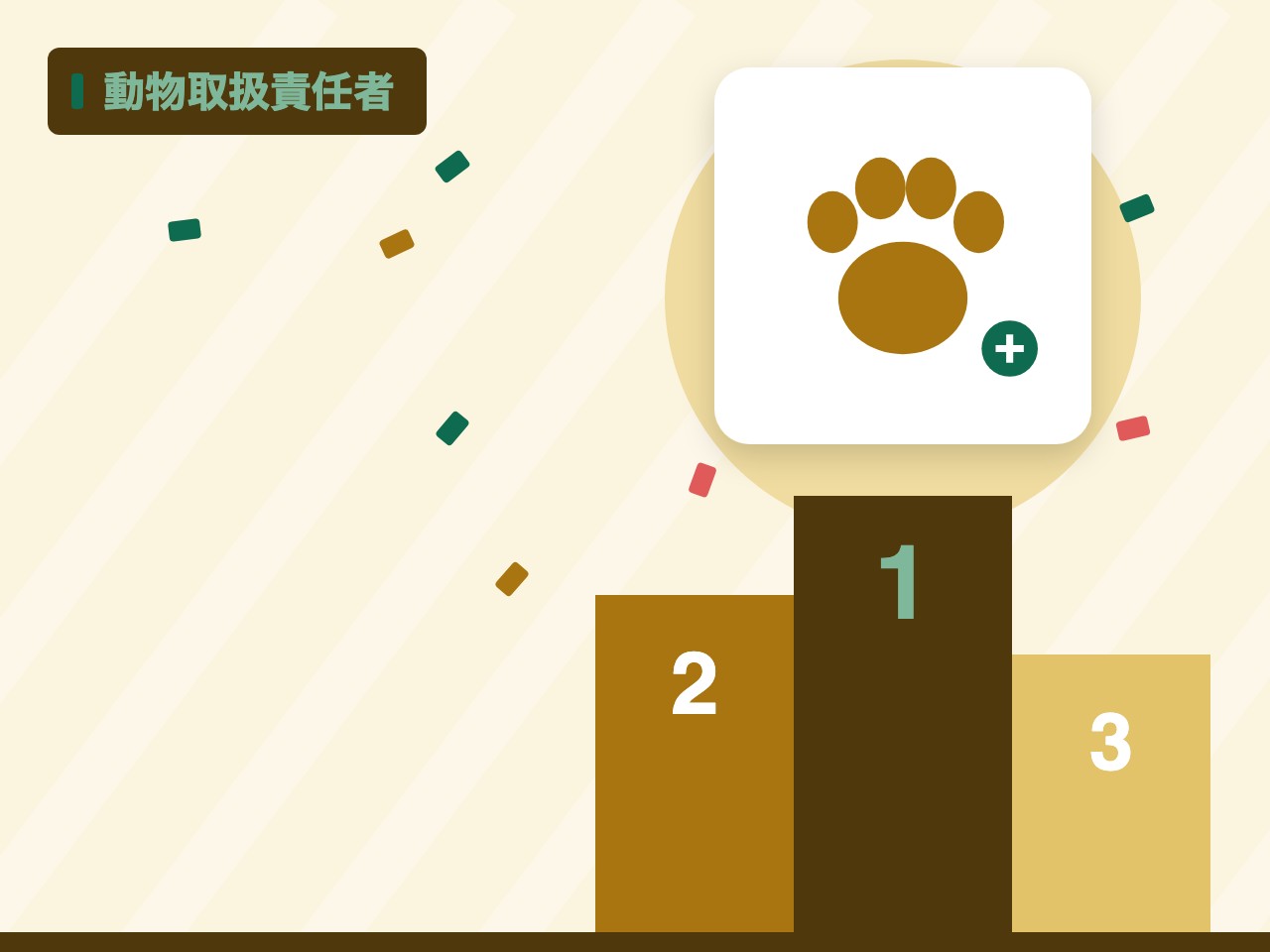 動物取扱責任者を表す絵を、分野の色と模様の上に置いたイラスト