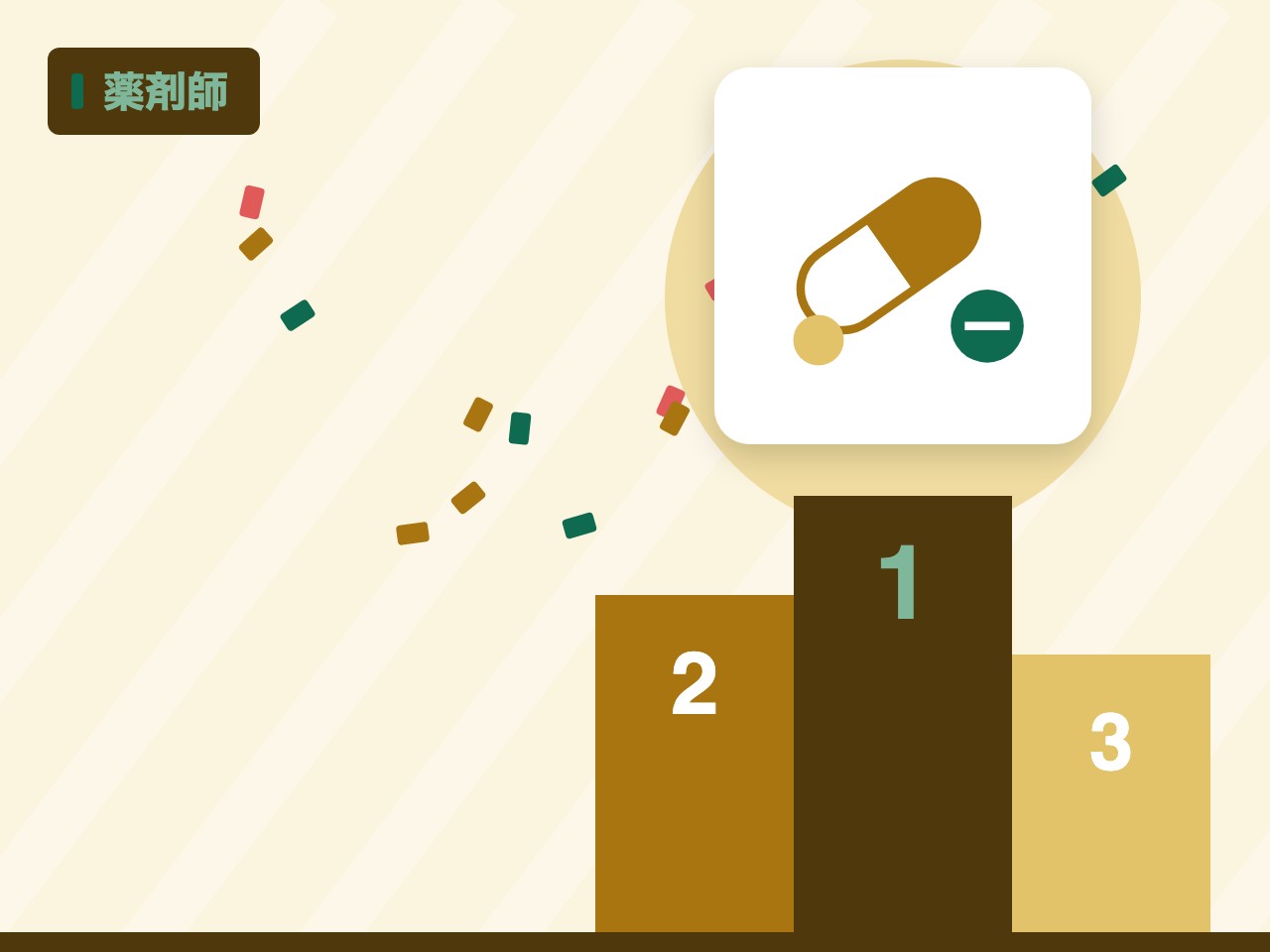 薬剤師を表す絵を、分野の色と模様の上に置いたイラスト