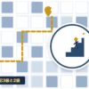 簿記3級と2級を表す絵を、分野の色と模様の上に置いたイラスト