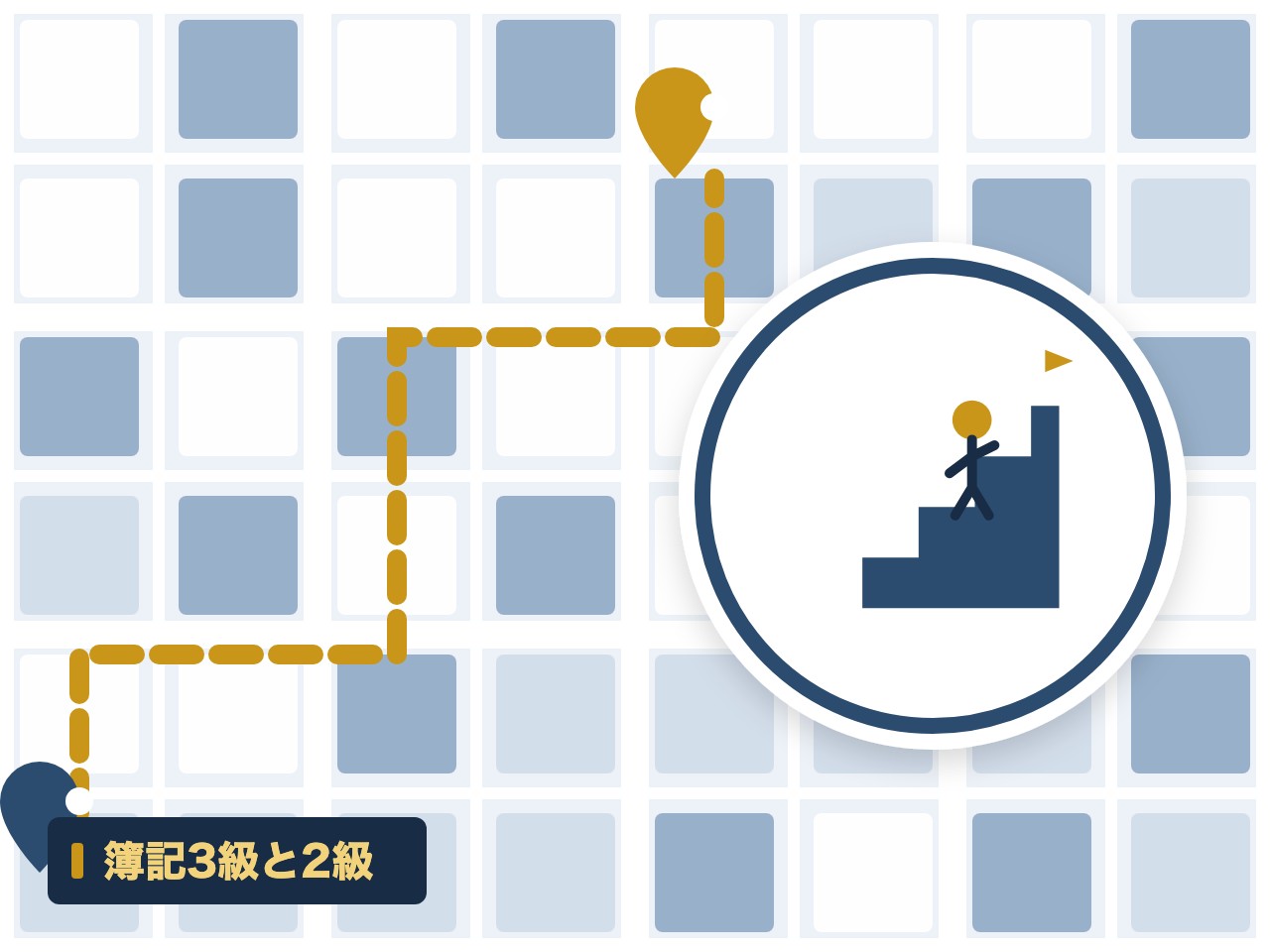 簿記3級と2級を表す絵を、分野の色と模様の上に置いたイラスト