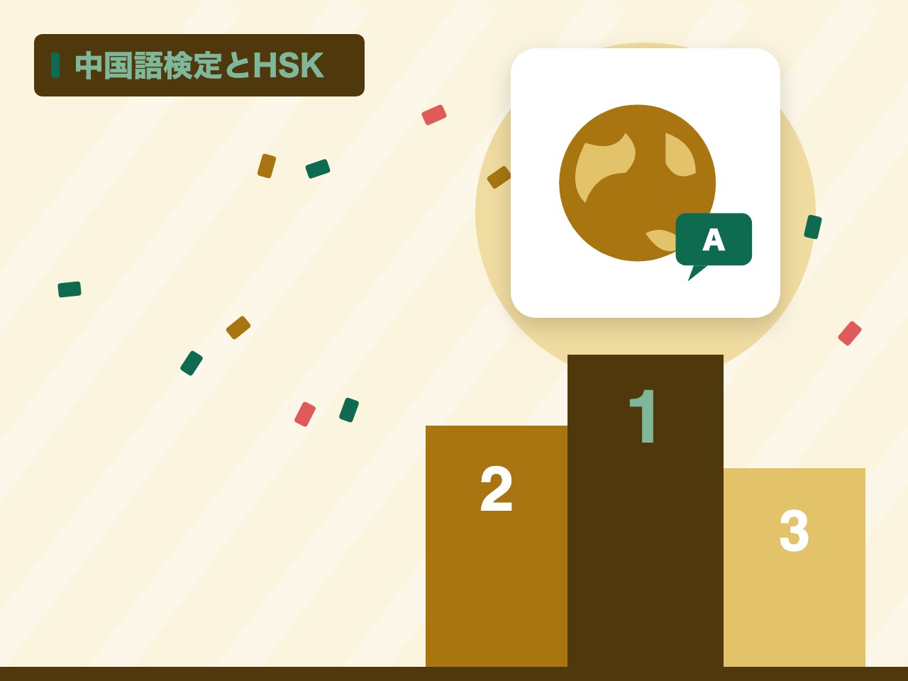 中国語検定とHSKを表す絵を、分野の色と模様の上に置いたイラスト