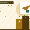 TOEICとTOEFLを表す絵を、分野の色と模様の上に置いたイラスト