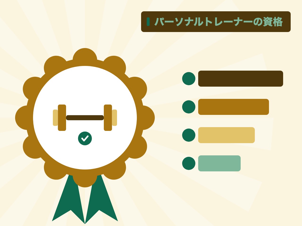 パーソナルトレーナーの資格を表す絵を、分野の色と模様の上に置いたイラスト