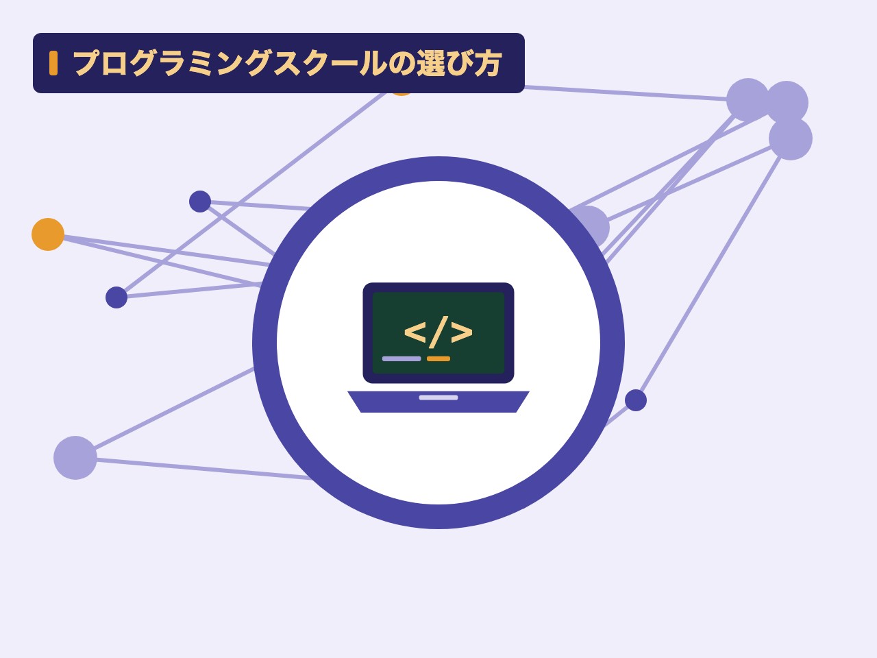 プログラミングスクールの選び方を表す絵を、分野の色と模様の上に置いたイラスト