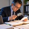 オフィスの小部屋で拡大鏡を手に帳簿と伝票を照らし合わせる男性