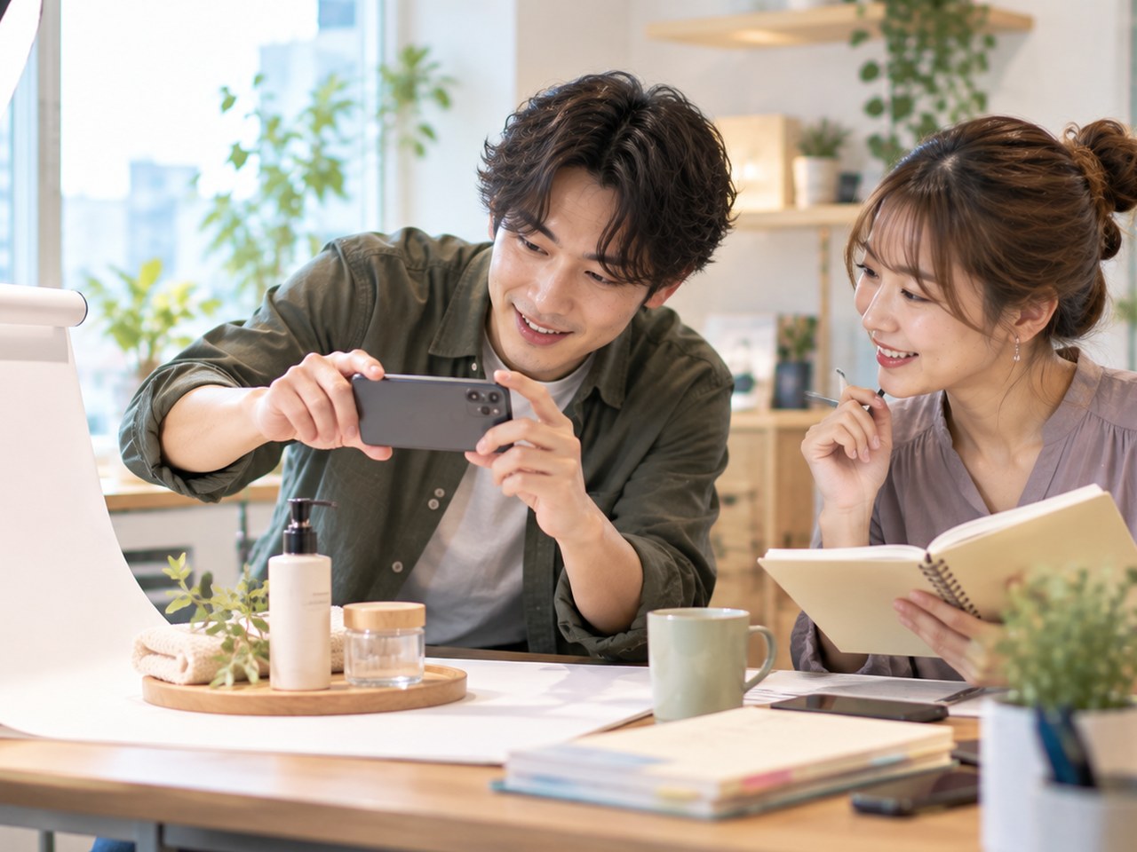 撮影スペースで商品をスマートフォンで撮り投稿を相談する男女