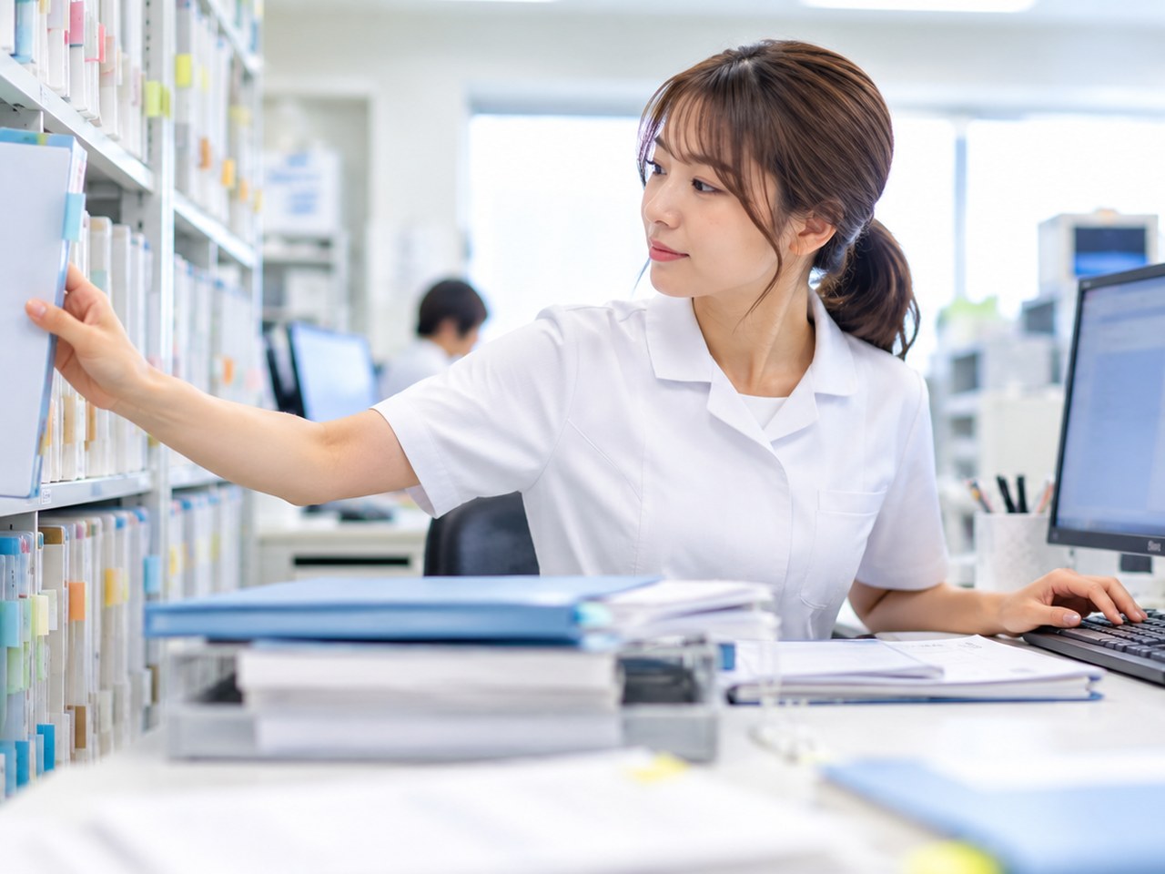 明るい記録管理室でパソコンに診療記録を入力する女性