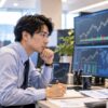 複数のモニターの株価チャートを見ながらノートにメモを取る男性