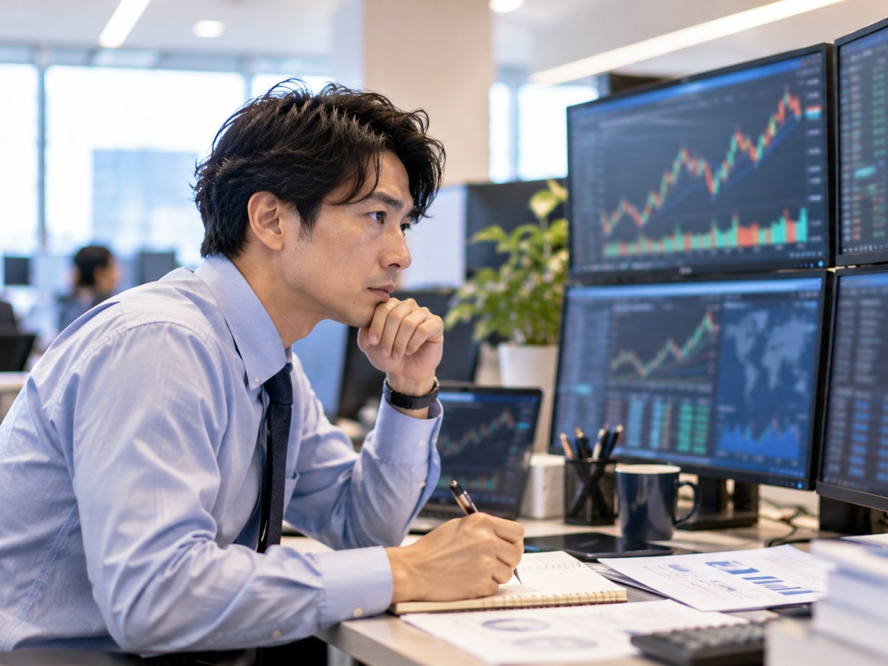 複数のモニターの株価チャートを見ながらノートにメモを取る男性
