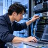 検証用のラックでLANケーブルを差し替えて通信を確かめる男性