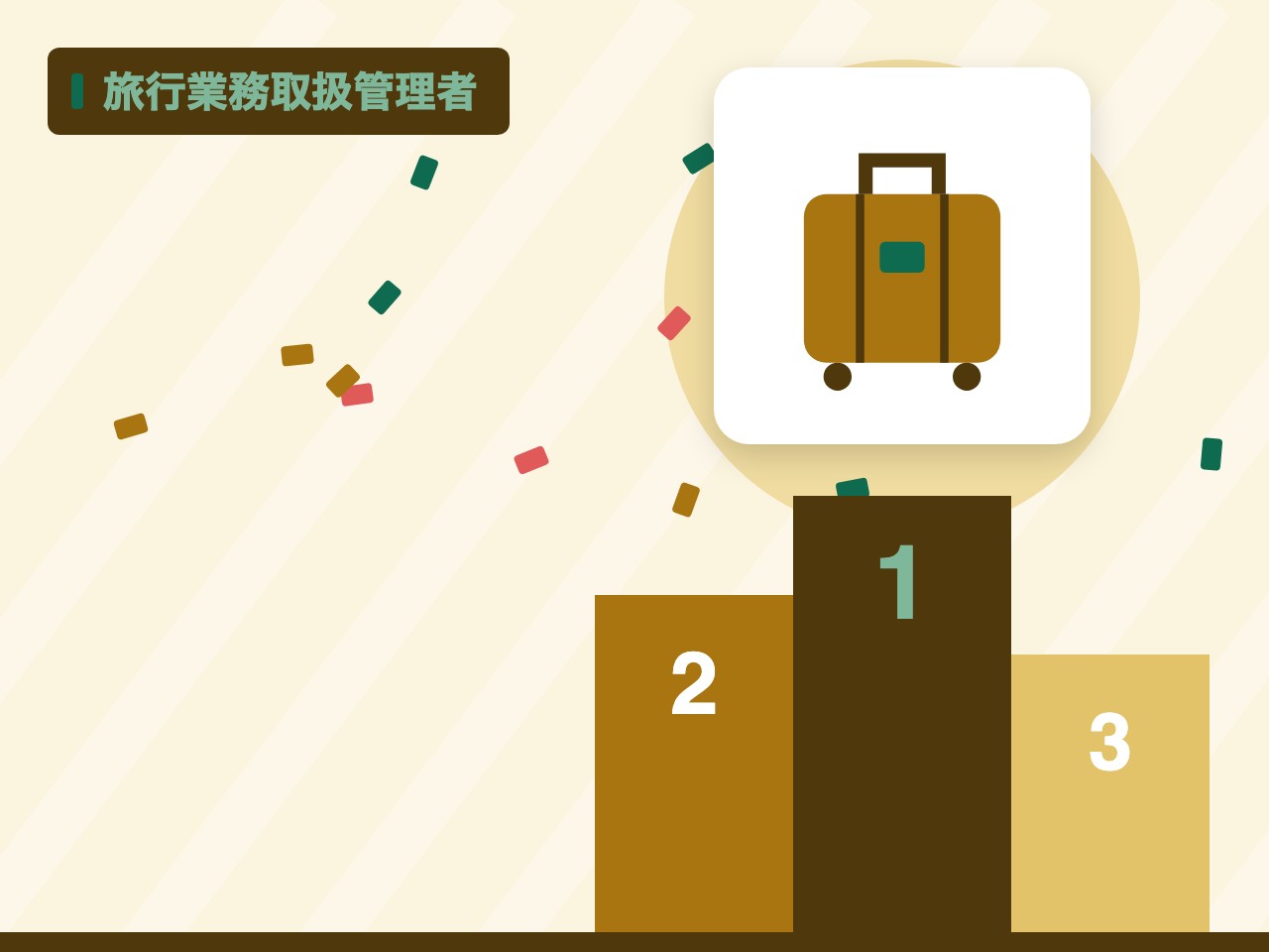 旅行業務取扱管理者を表す絵を、分野の色と模様の上に置いたイラスト