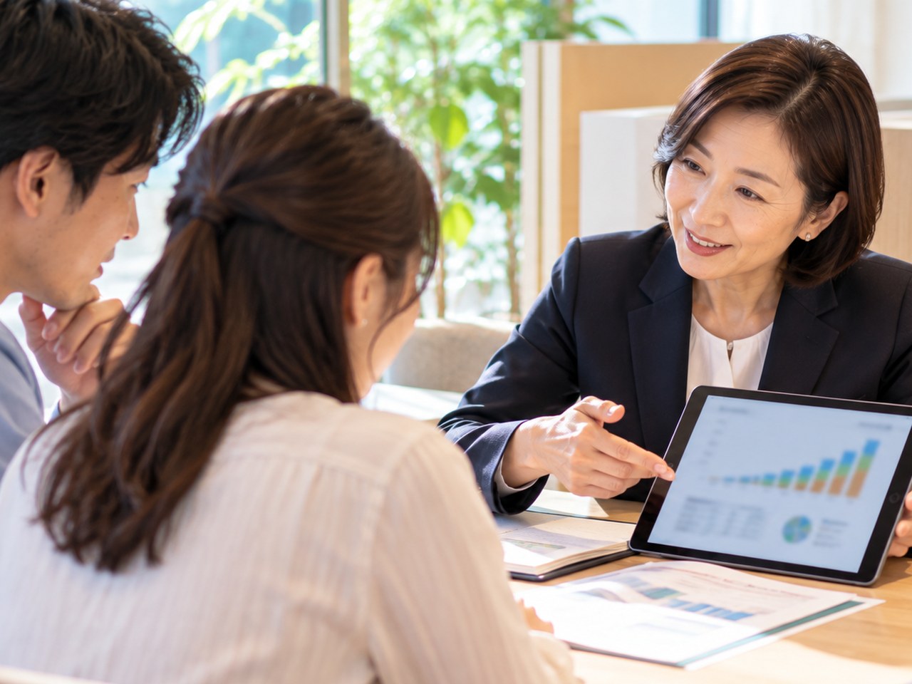 相談ブースでタブレットの積み立てグラフを夫婦に見せて説明する女性アドバイザー