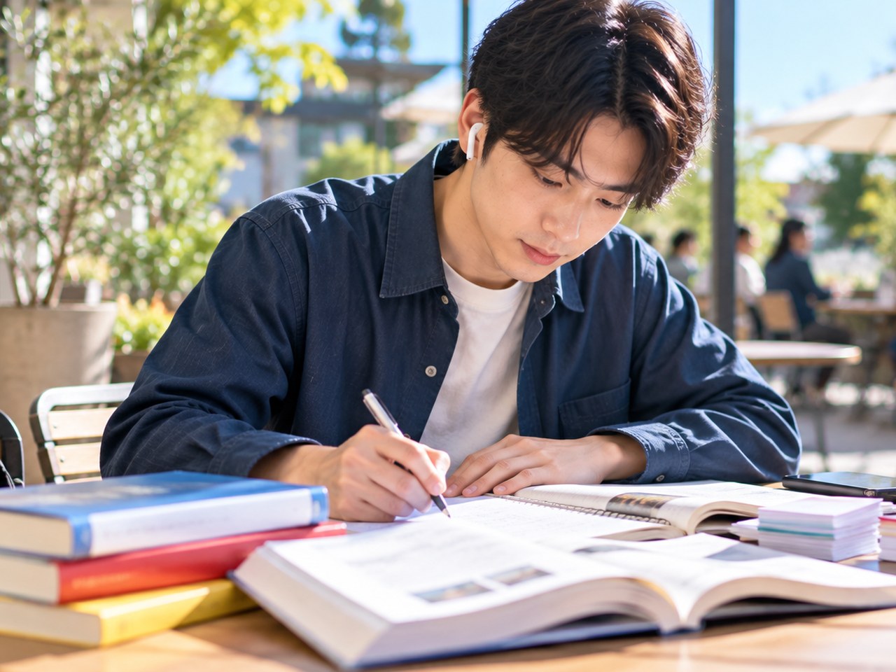 カフェのテラス席で語学テキストと単語カードを広げて書き取りをする男性