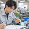 製造ラインの検査台でノギスで部品を測り管理図に記入する男性