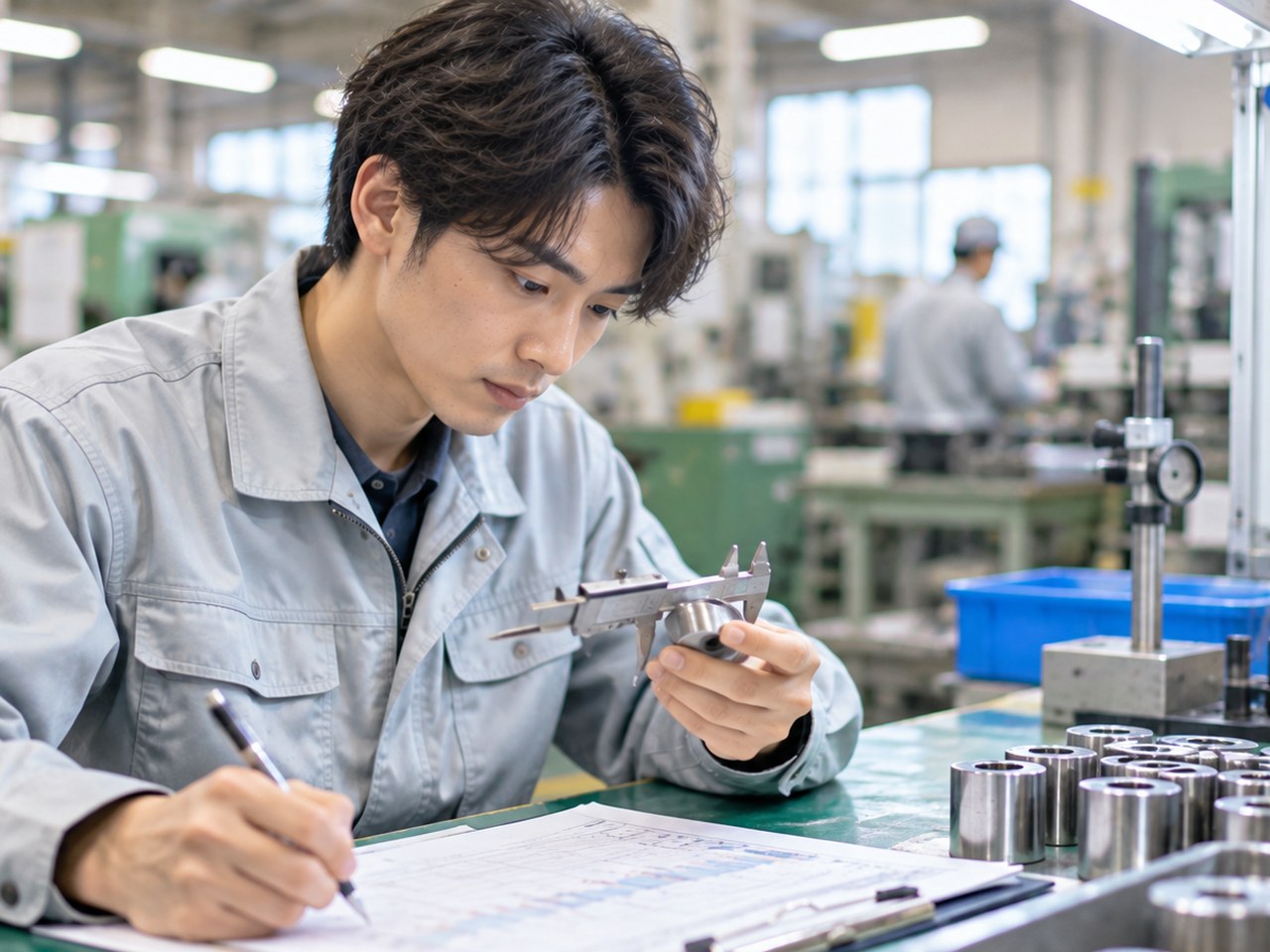 製造ラインの検査台でノギスで部品を測り管理図に記入する男性