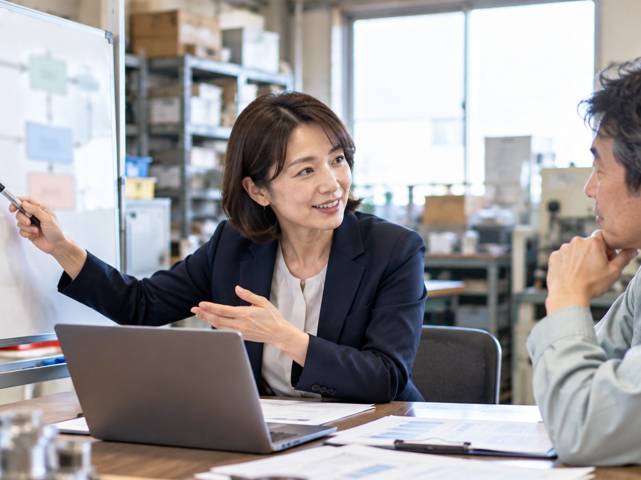 町工場の事務所でホワイトボードに業務の流れを描いて社長と話す女性コンサルタント