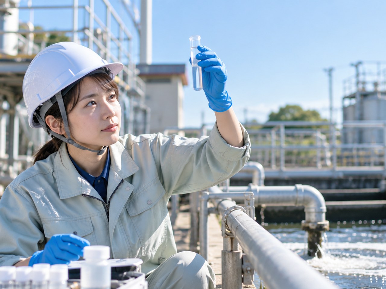 工場の排水処理設備で水質のサンプルを光にかざして確認する女性