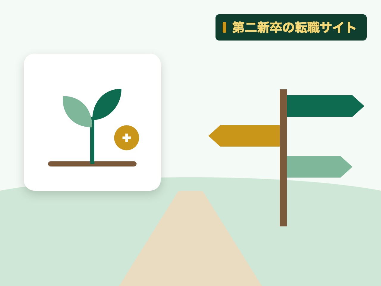第二新卒の転職サイトを表す絵を、分野の色と模様の上に置いたイラスト