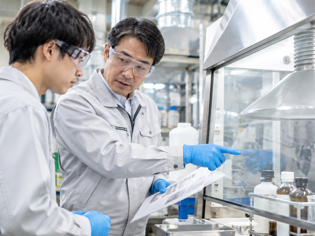 化学薬品の作業場で防護具をつけた主任が若い作業員に手順を教える場面