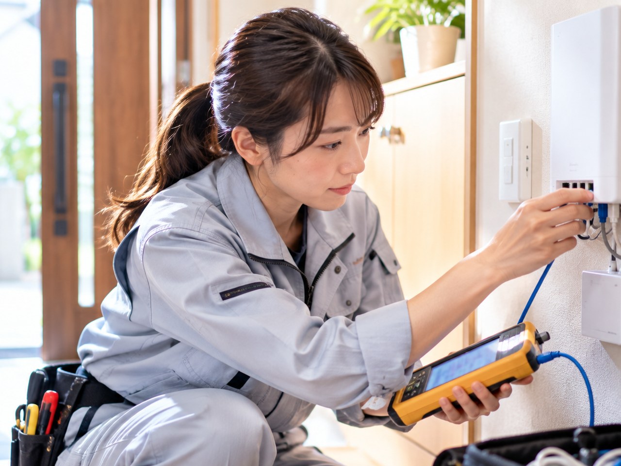 住宅の壁際で光回線の端末に配線をつなぎ測定器を確認する女性技術者