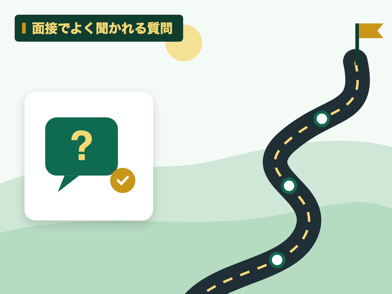 面接でよく聞かれる質問を表す絵を、分野の色と模様の上に置いたイラスト