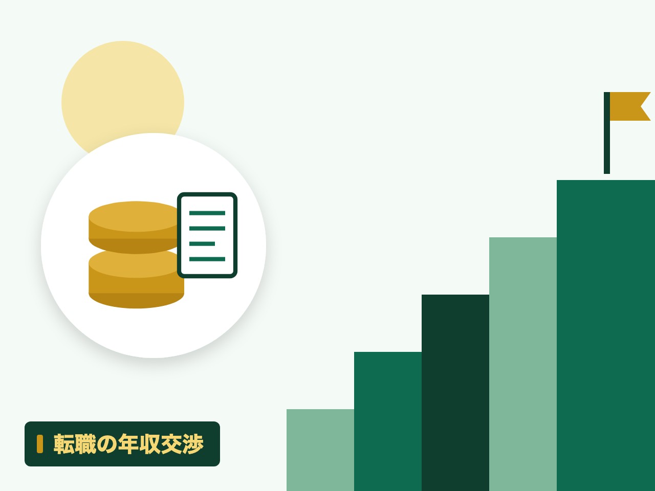 転職の年収交渉を表す絵を、分野の色と模様の上に置いたイラスト