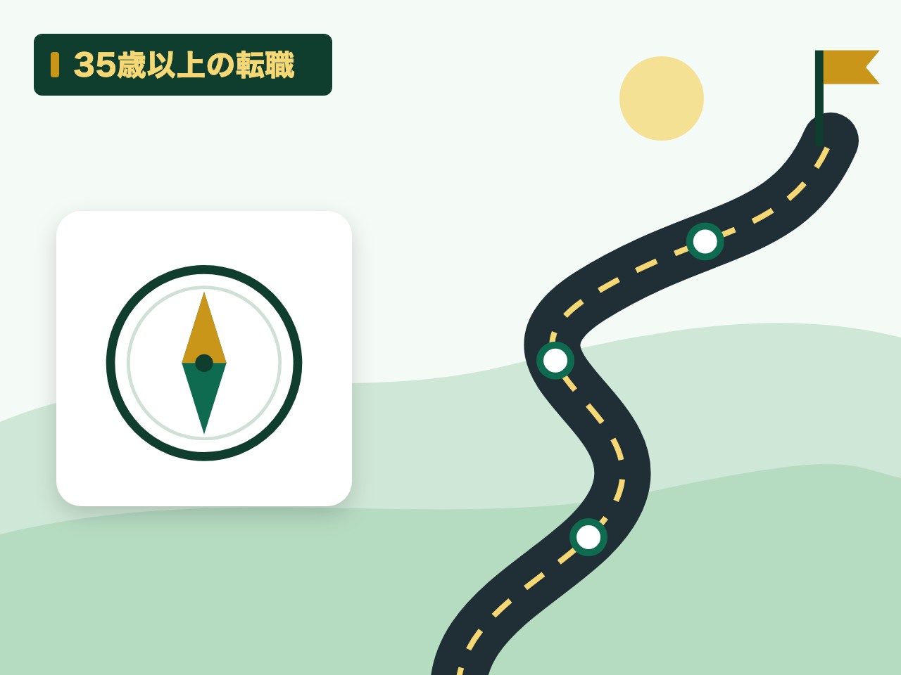 35歳以上の転職を表す絵を、分野の色と模様の上に置いたイラスト
