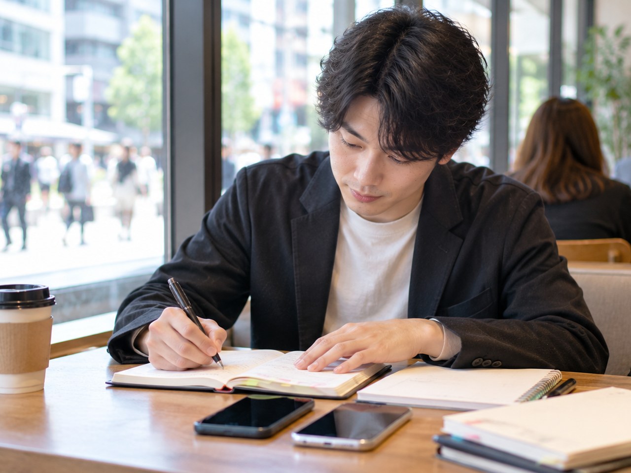 カフェでスマートフォン2台とノートを並べ面談の予定を書き込む男性