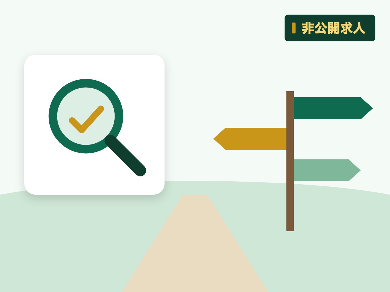 非公開求人を表す絵を、分野の色と模様の上に置いたイラスト