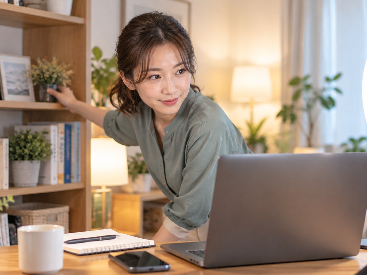 自宅でリングライトと本棚の背景を整えWeb面接の映りを確かめる女性