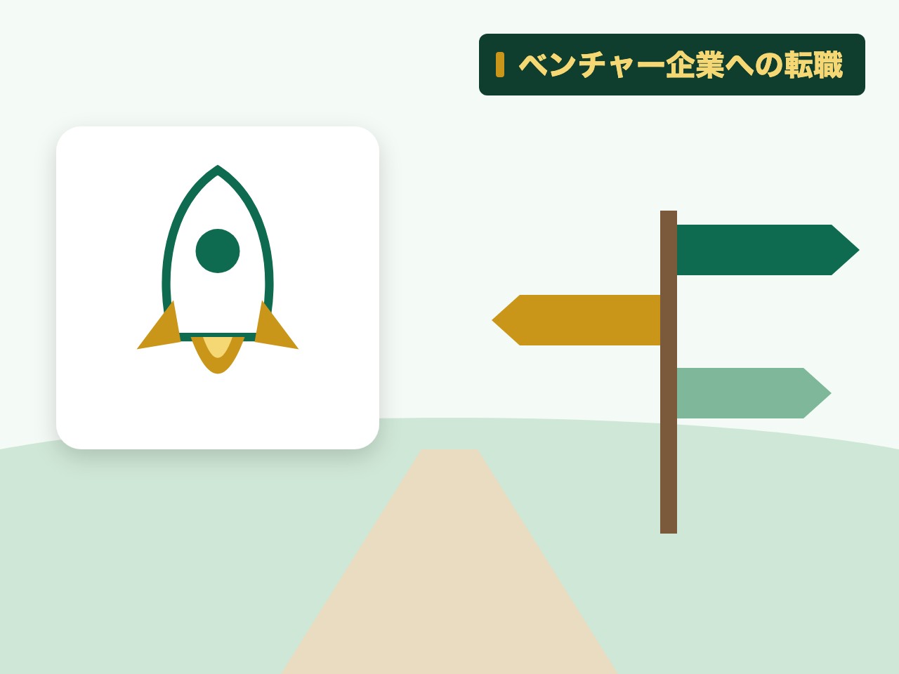 ベンチャー企業への転職を表す絵を、分野の色と模様の上に置いたイラスト