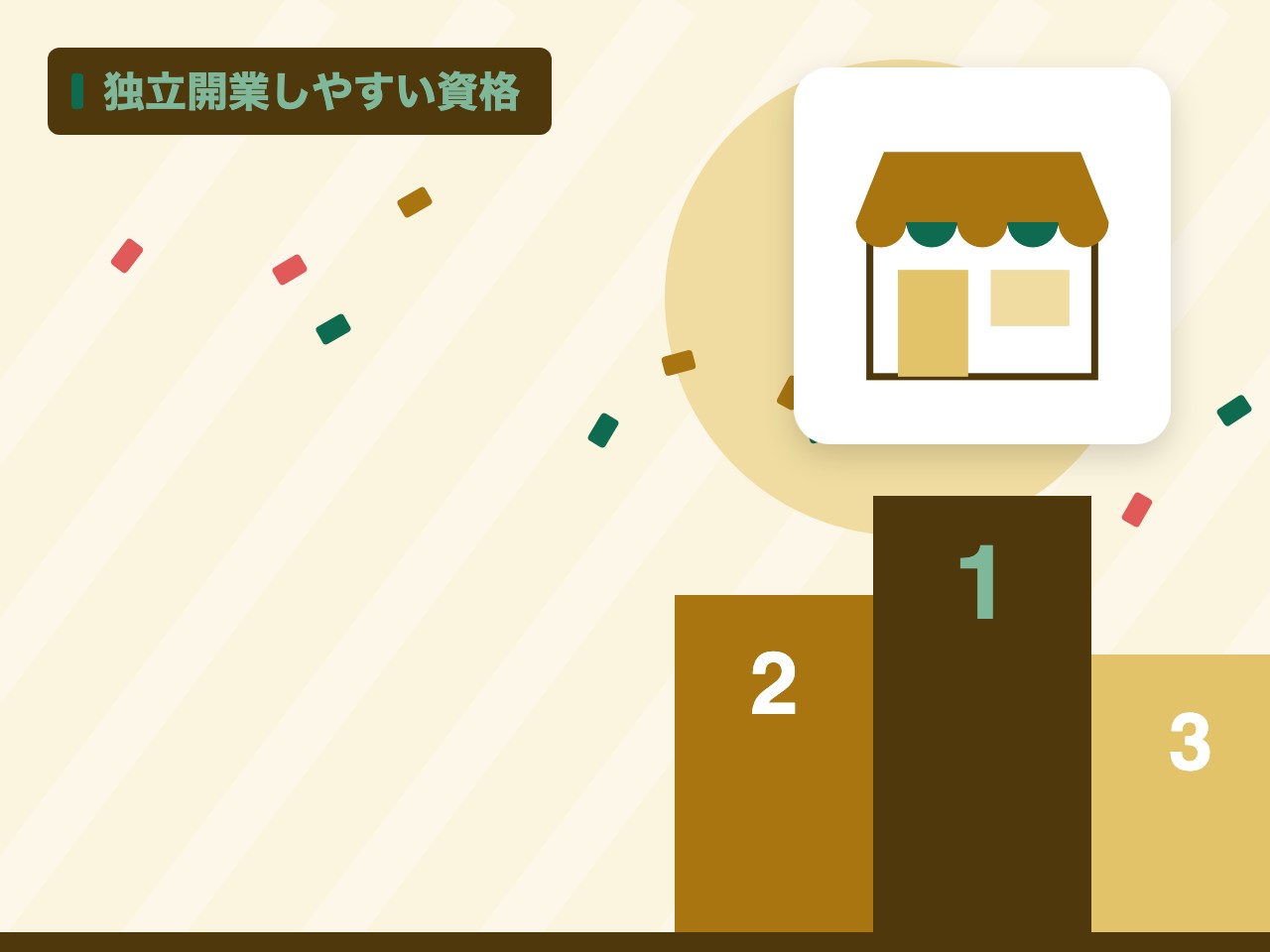 独立開業しやすい資格を表す絵を、分野の色と模様の上に置いたイラスト