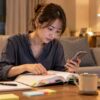 自宅のソファで就業規則の冊子に付箋を貼りながら調べる女性
