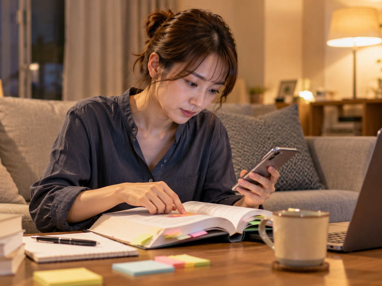 自宅のソファで就業規則の冊子に付箋を貼りながら調べる女性