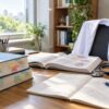医師国家試験の勉強をする机の上の医学書と聴診器