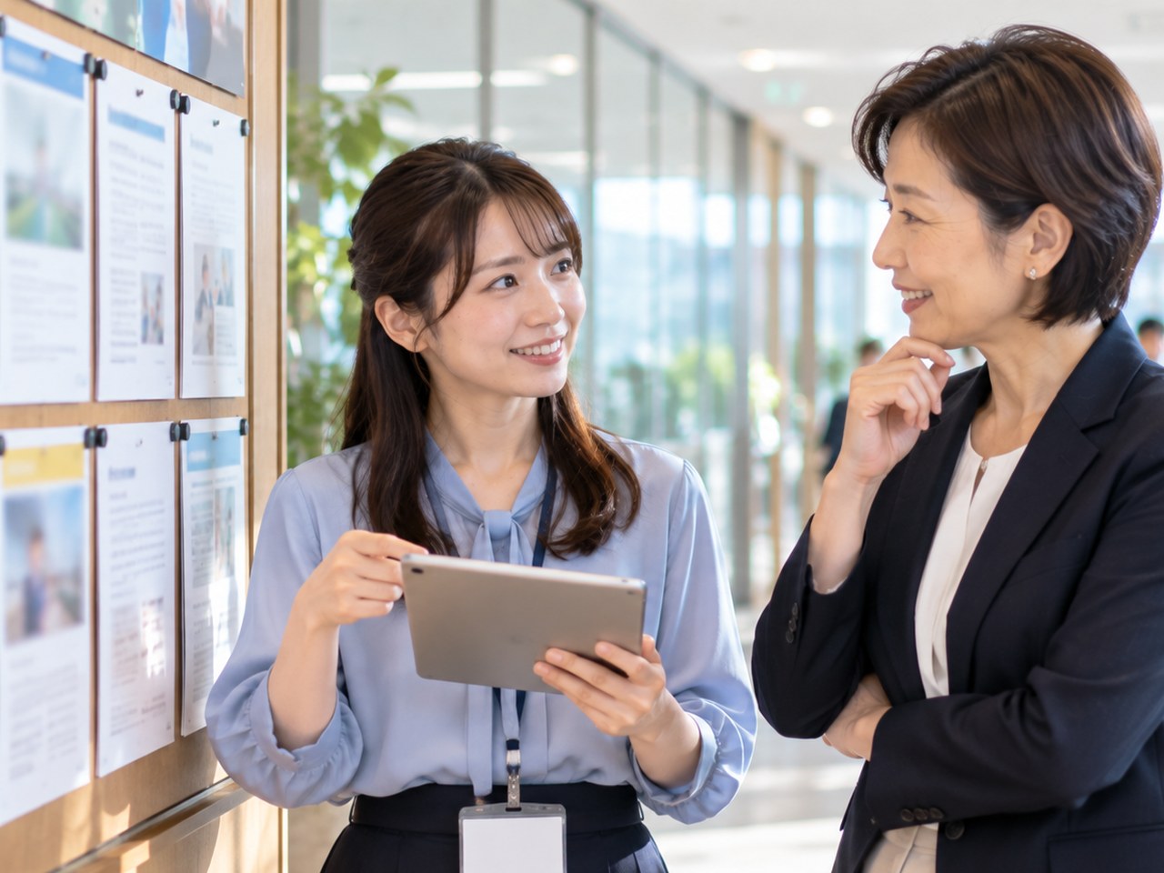 社内の廊下でタブレットの募集一覧を見ながら上司と話す女性社員