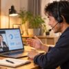 自宅でノートパソコンの分析画面を見ながらオンラインで転職相談をする男性