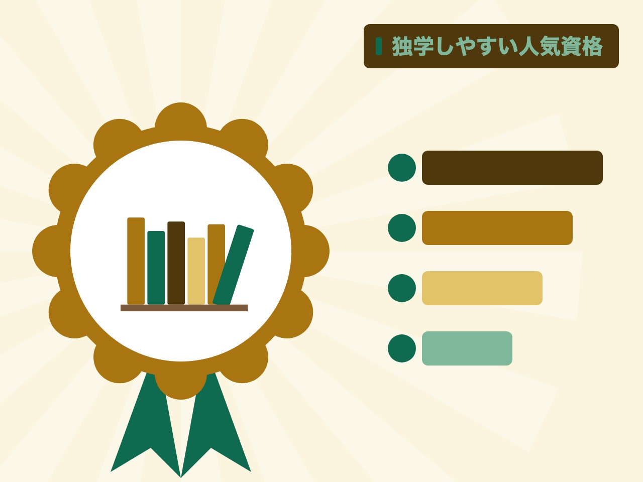 独学しやすい人気資格を表す絵を、分野の色と模様の上に置いたイラスト