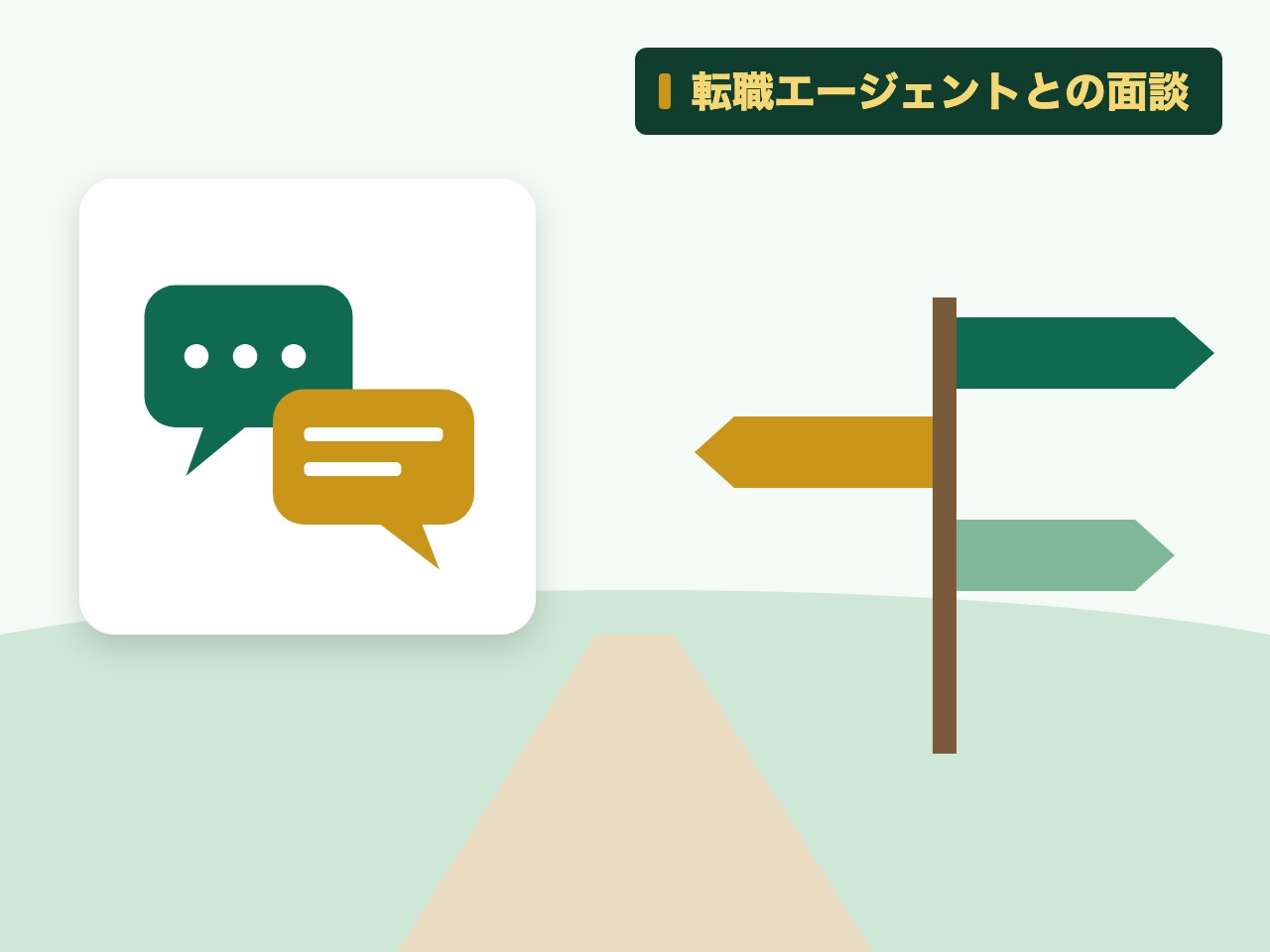 転職エージェントとの面談を表す絵を、分野の色と模様の上に置いたイラスト