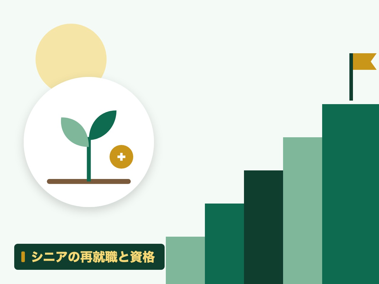 シニアの再就職と資格を表す絵を、分野の色と模様の上に置いたイラスト