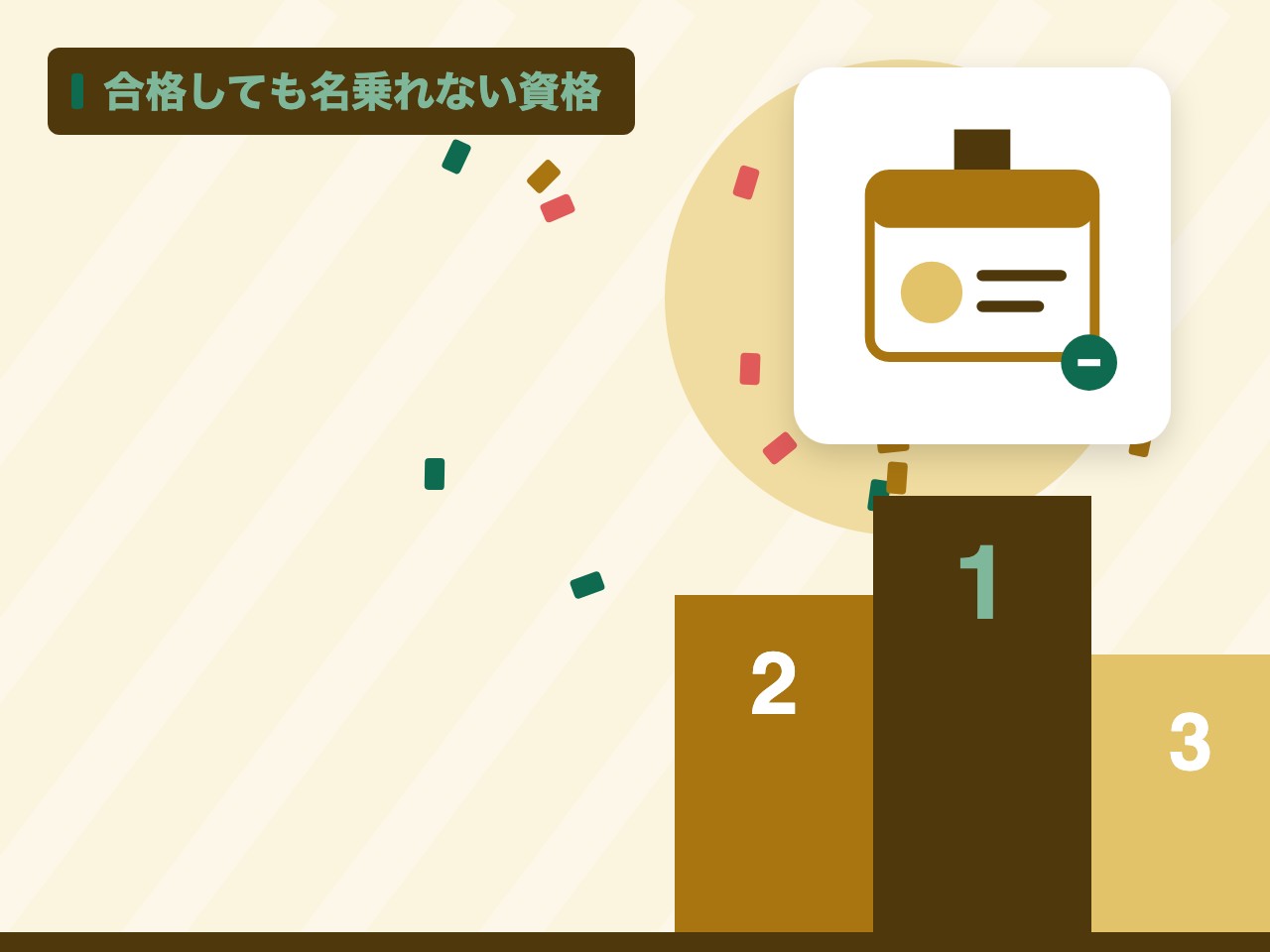 合格しても名乗れない資格を表す絵を、分野の色と模様の上に置いたイラスト